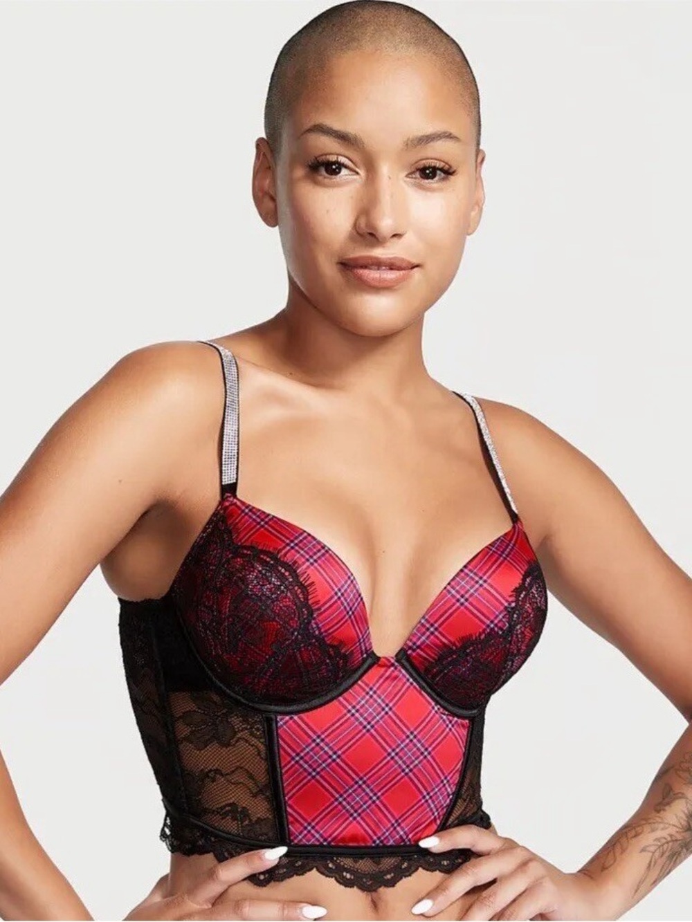 Victoria’s Secret Bombshell Add 2 Cups Plaid Corset Top Shine Strap NWT Red 32B